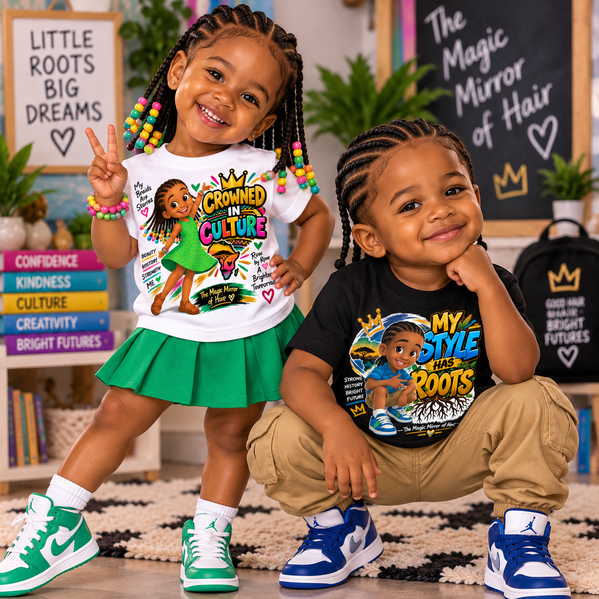 Two toddlers wearing The Magic Mirror of Hair graphic tees