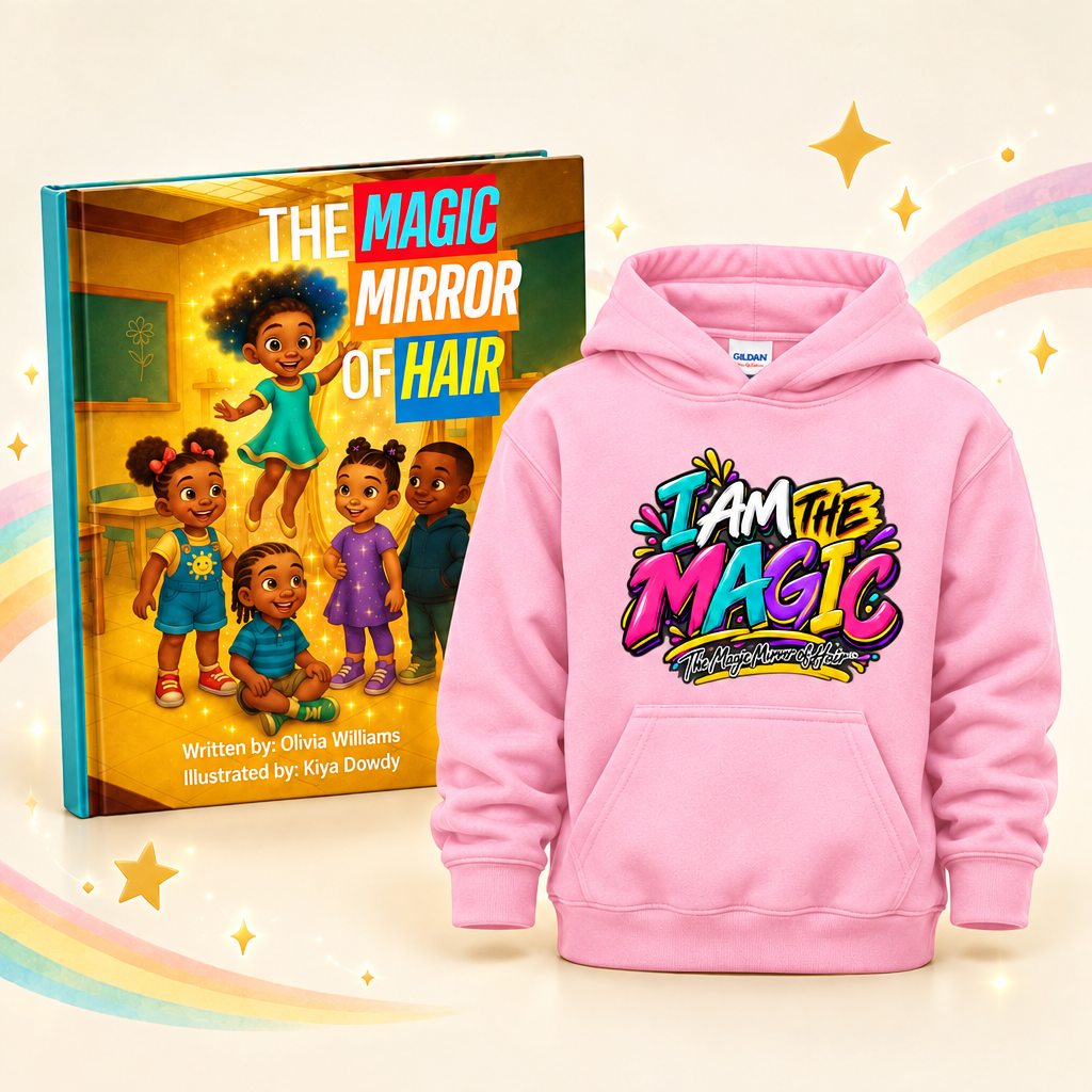 The Magic Mirror of Hair book and pink I Am the Magic youth hoodie bundle